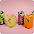 2 melo cans and two glasses full with two different flavors