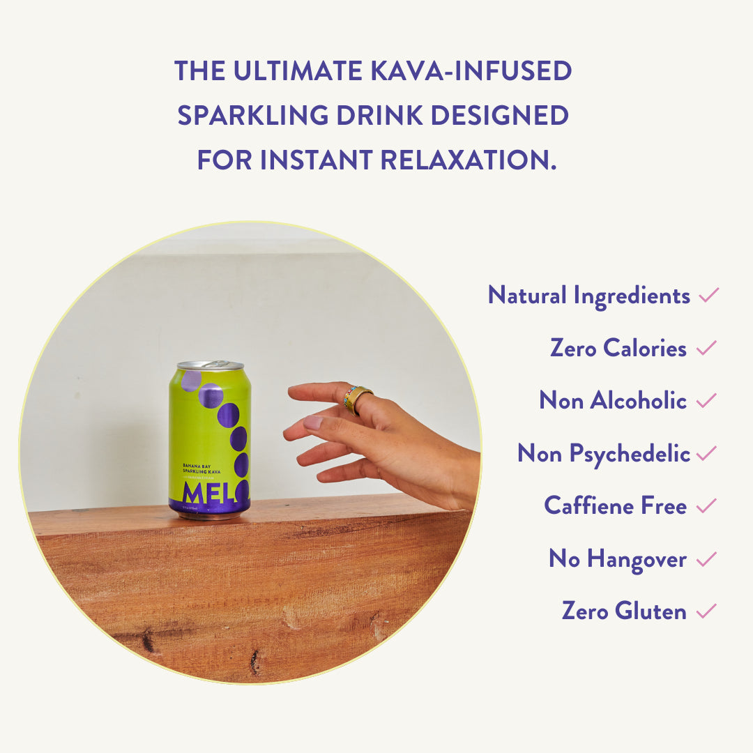 Hand reaching for a can of Melo Banana Bay Sparkling Kava, highlighting natural ingredients and caffeine-free relaxation