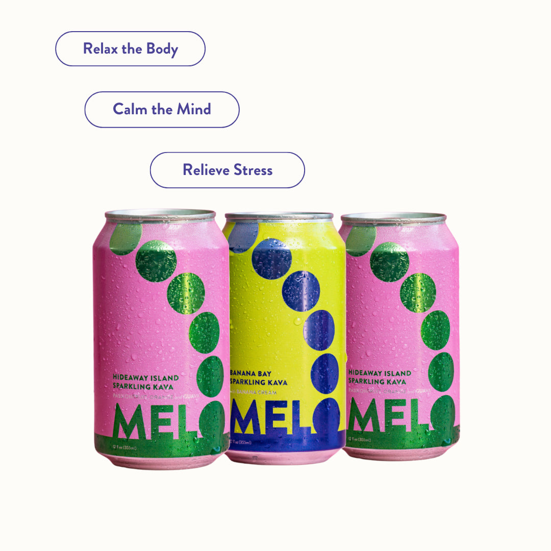 Three cans of Melo Sparkling Kava – Banana Bay and Hideaway Island flavors, offering stress relief, body relaxation, and mind calmness.