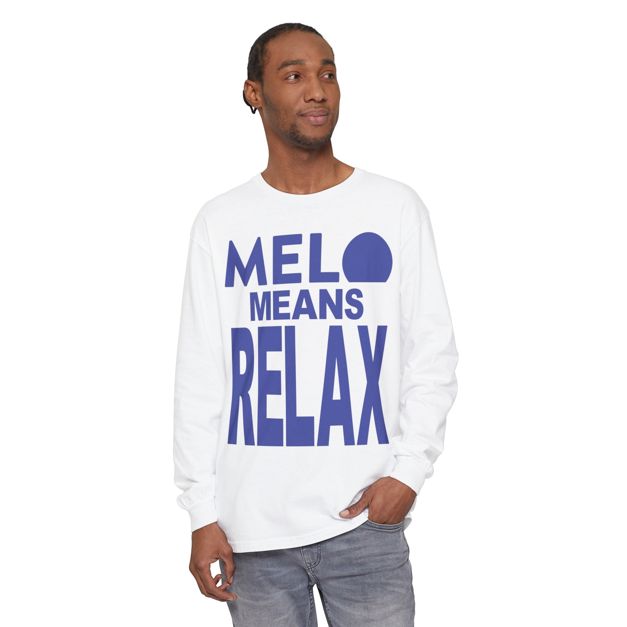 Vanuatu Relief Long - Sleeve Shirt - Melo Means Relax - Blue Text - Melo