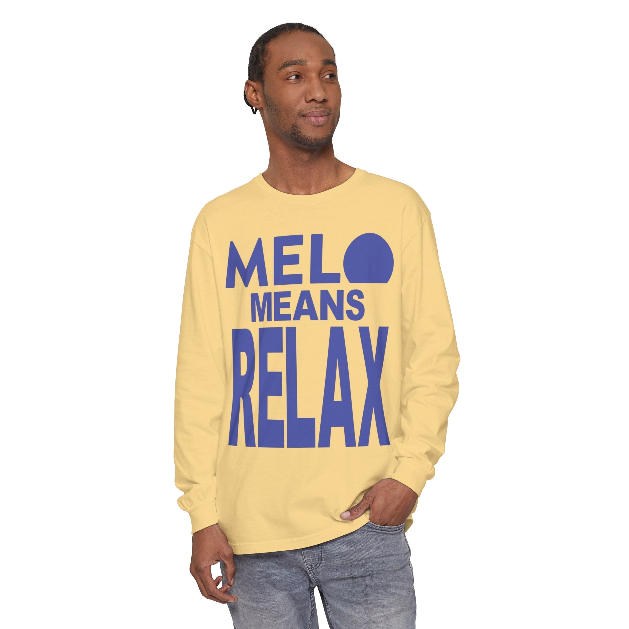 Vanuatu Relief Long - Sleeve Shirt - Melo Means Relax - Blue Text - Melo