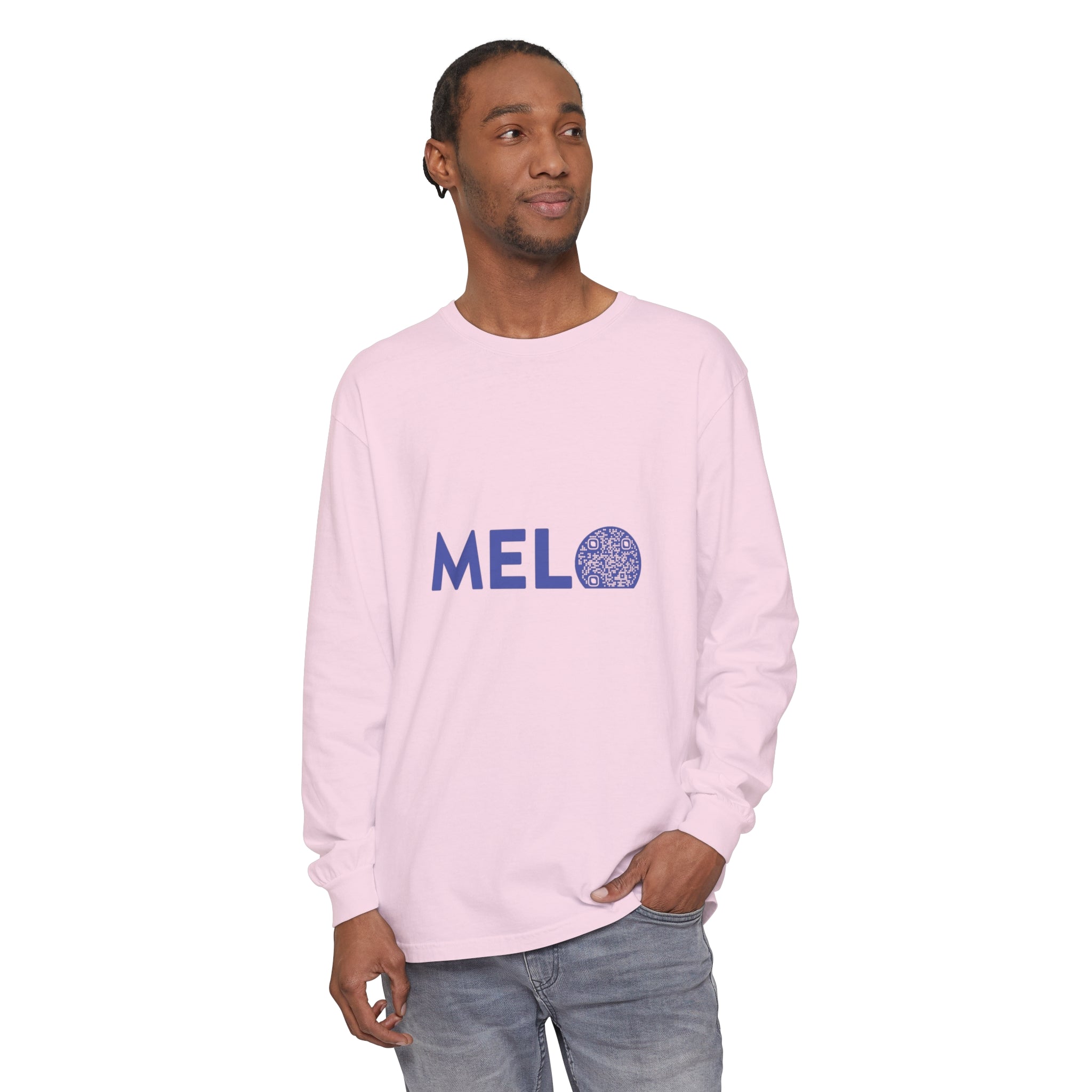 Vanuatu Relief Shirt - Melo Logo Long - Sleeve w/ Donation QR Code - Blue Text - Melo