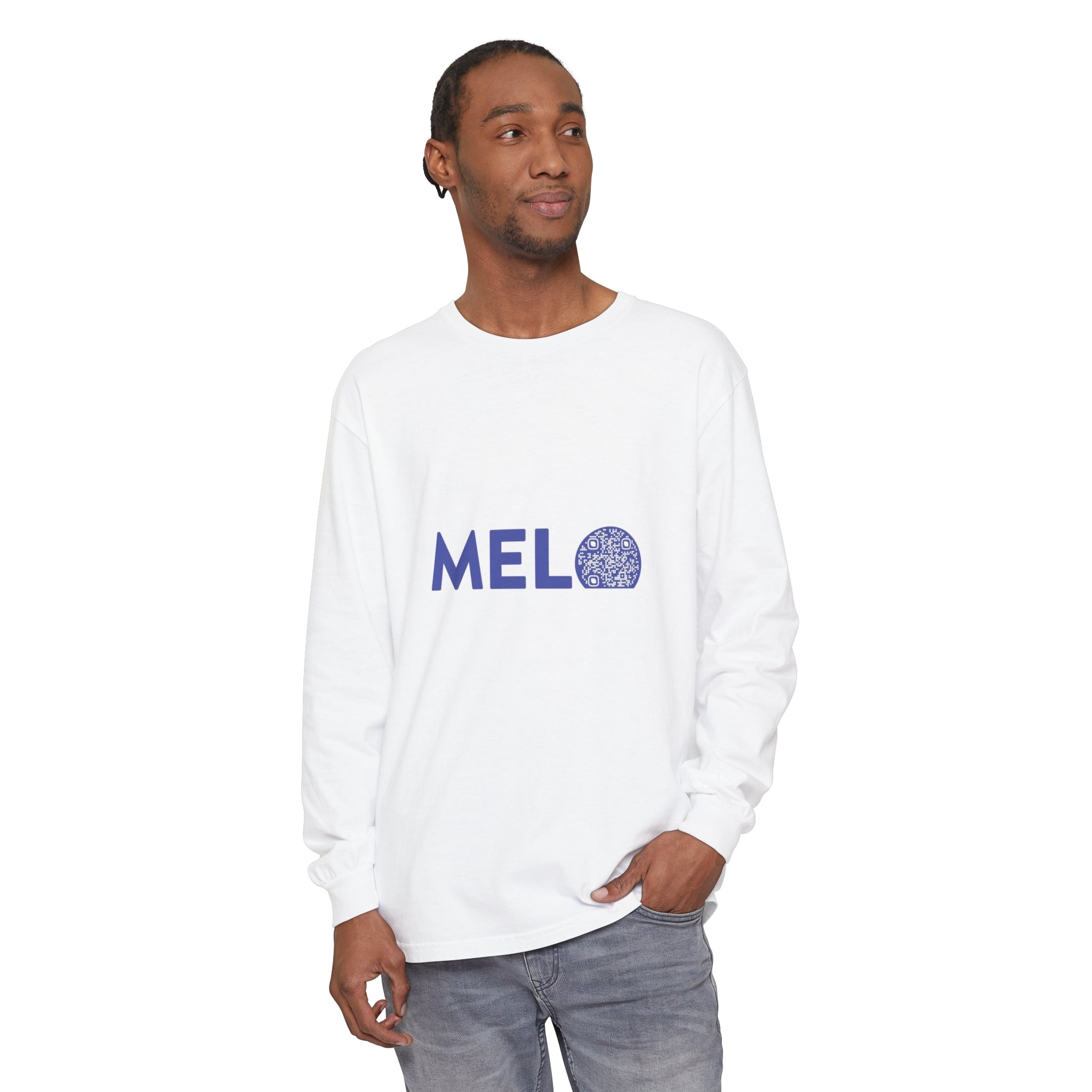 Vanuatu Relief Shirt - Melo Logo Long - Sleeve w/ Donation QR Code - Blue Text - Melo