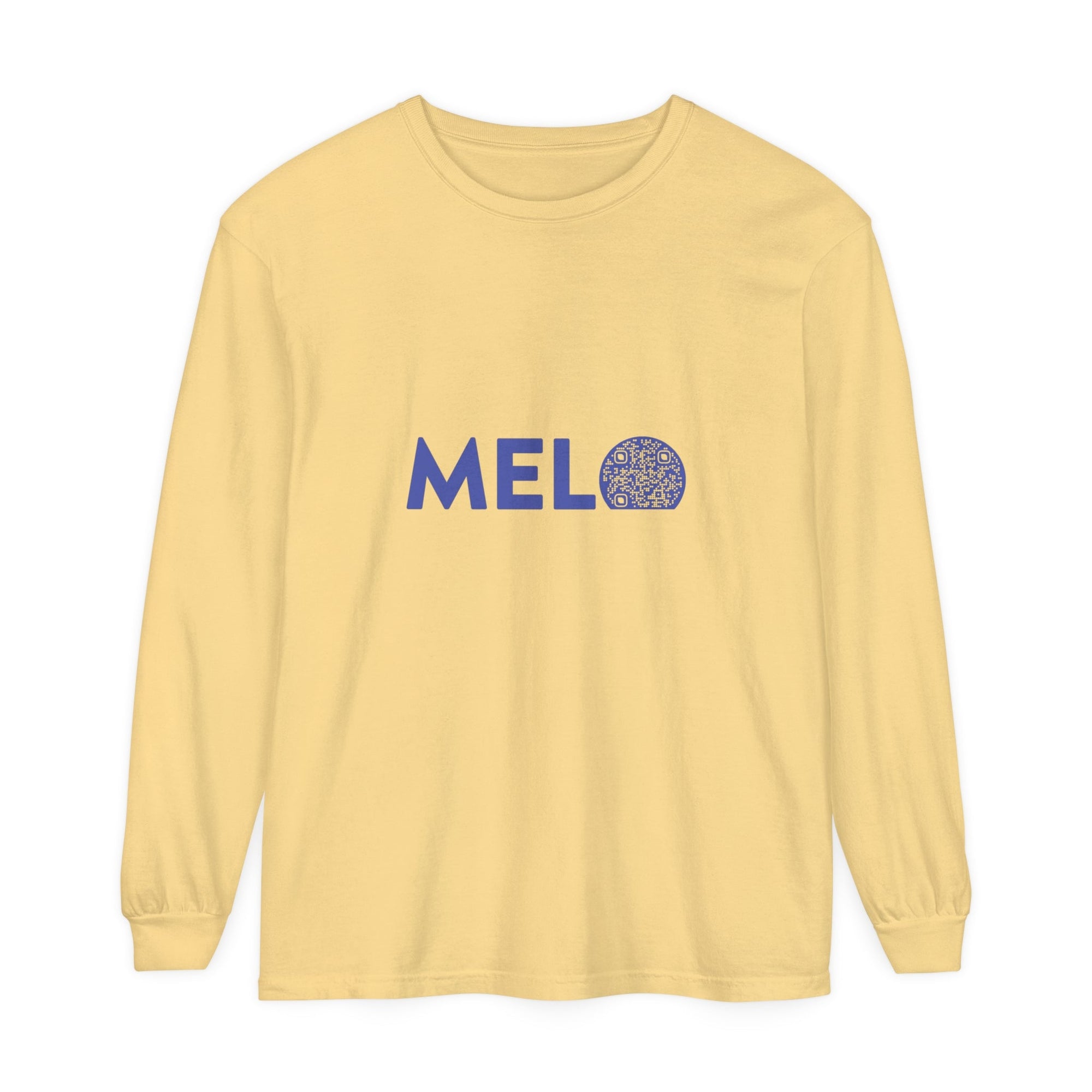 Vanuatu Relief Shirt - Melo Logo Long - Sleeve w/ Donation QR Code - Blue Text - Melo