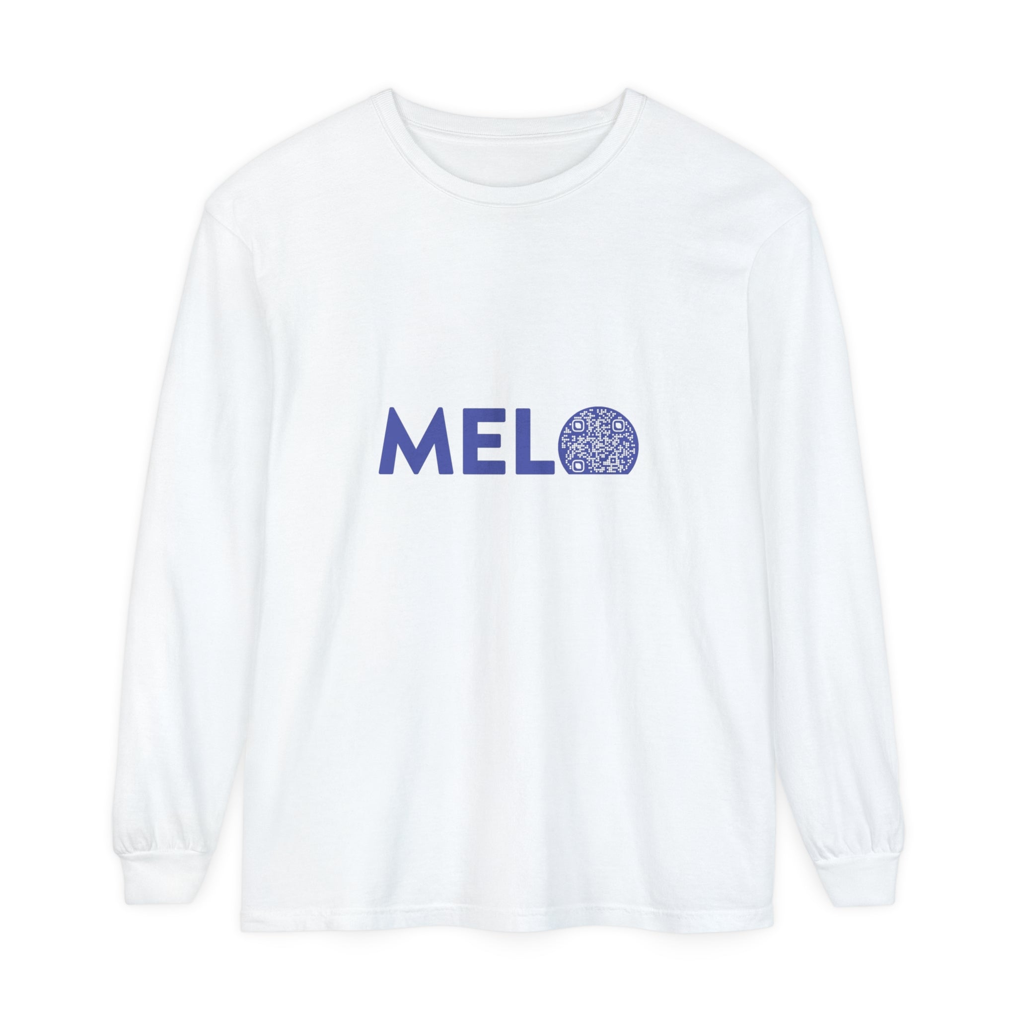 Vanuatu Relief Shirt - Melo Logo Long - Sleeve w/ Donation QR Code - Blue Text - Melo