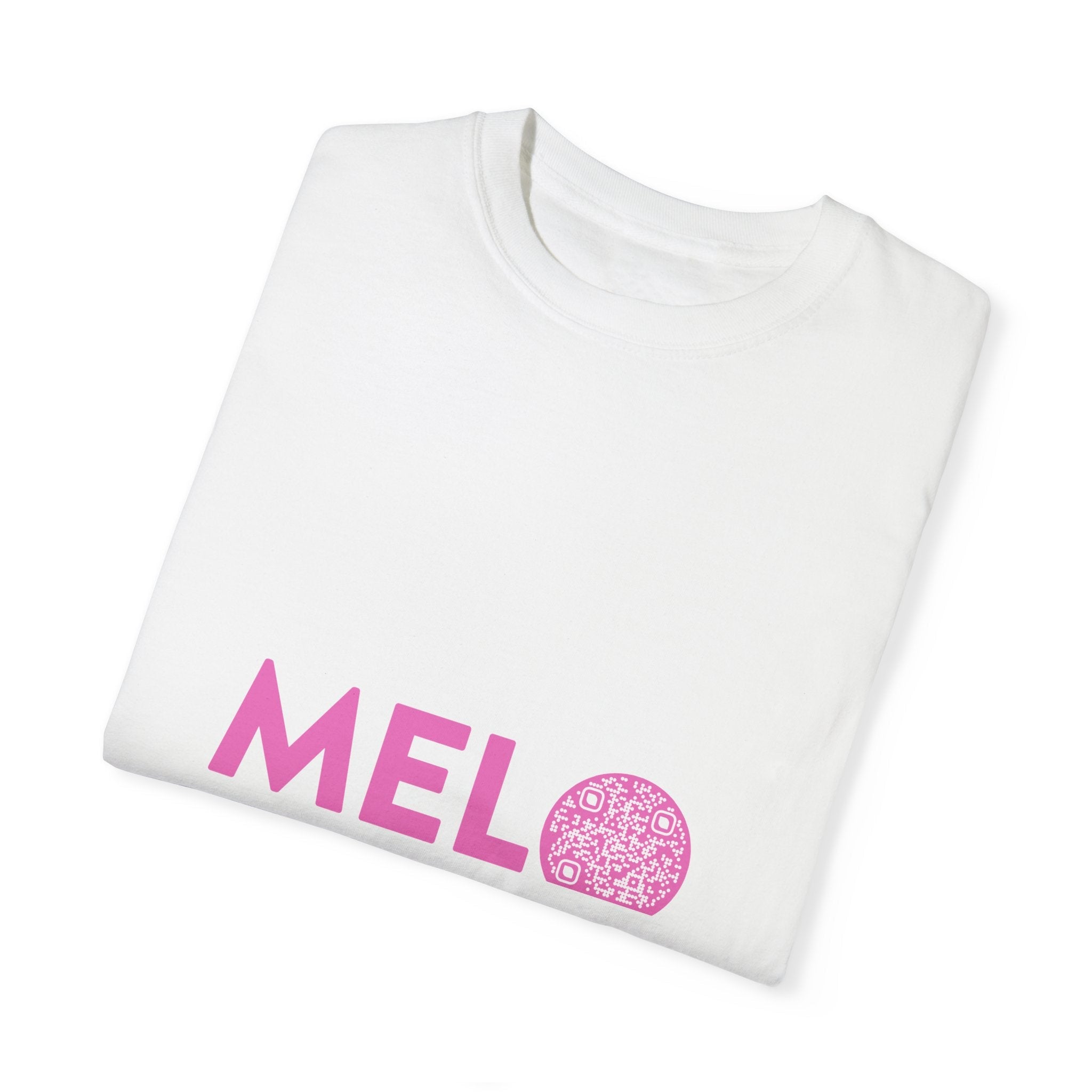 Vanuatu Relief Tee - Melo Logo w/ Donation QR Code - Pink Text - Melo