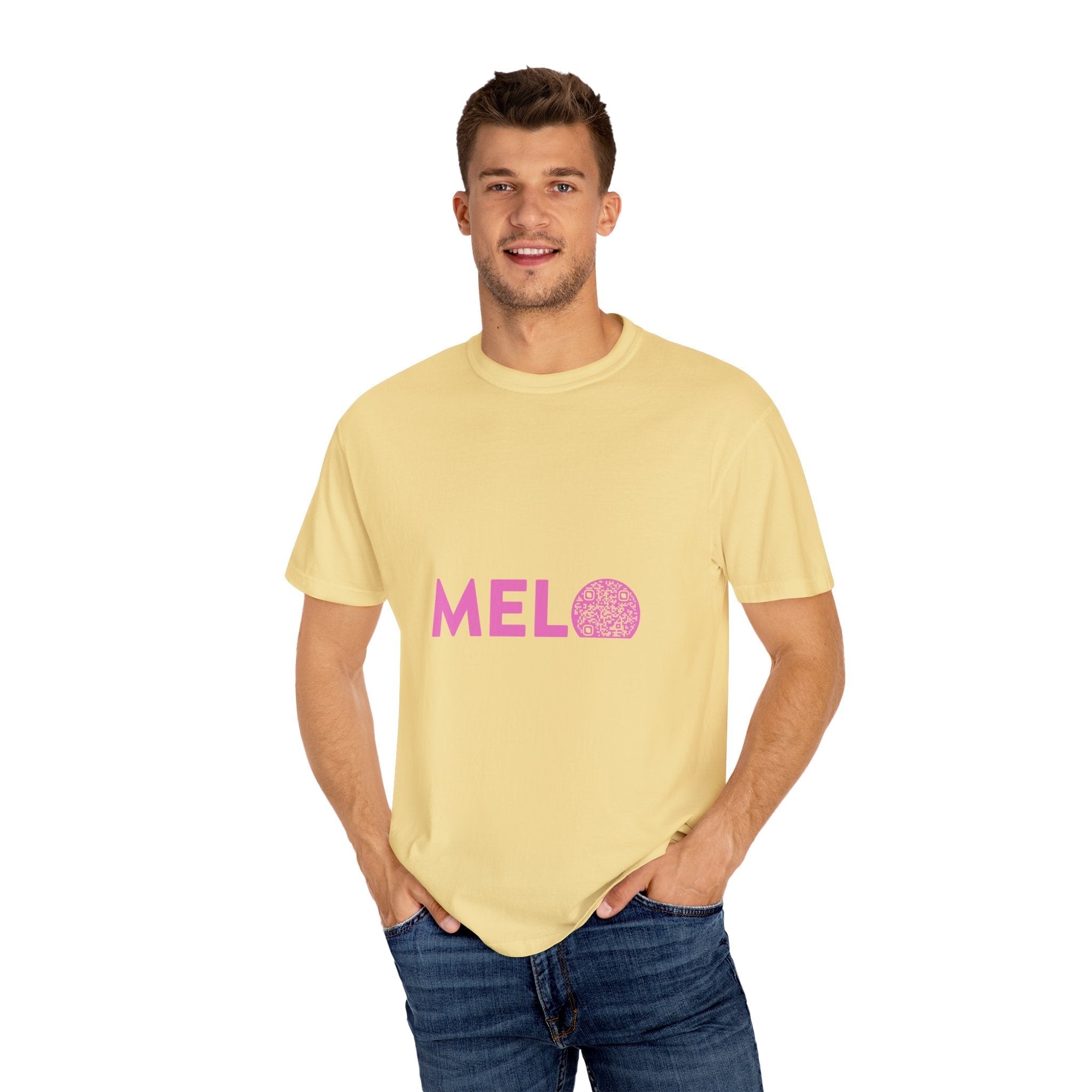 Vanuatu Relief Tee - Melo Logo w/ Donation QR Code - Pink Text - Melo