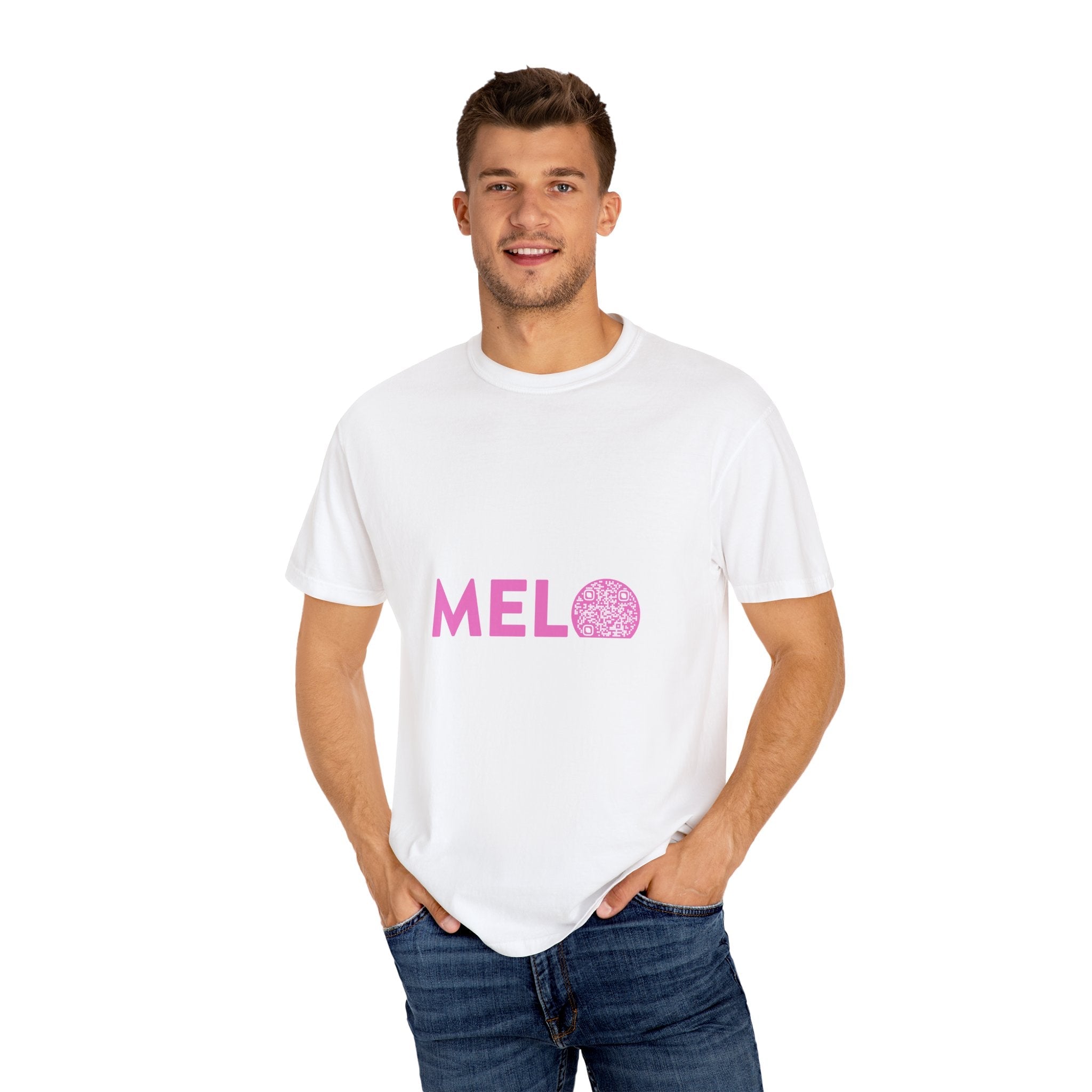 Vanuatu Relief Tee - Melo Logo w/ Donation QR Code - Pink Text - Melo