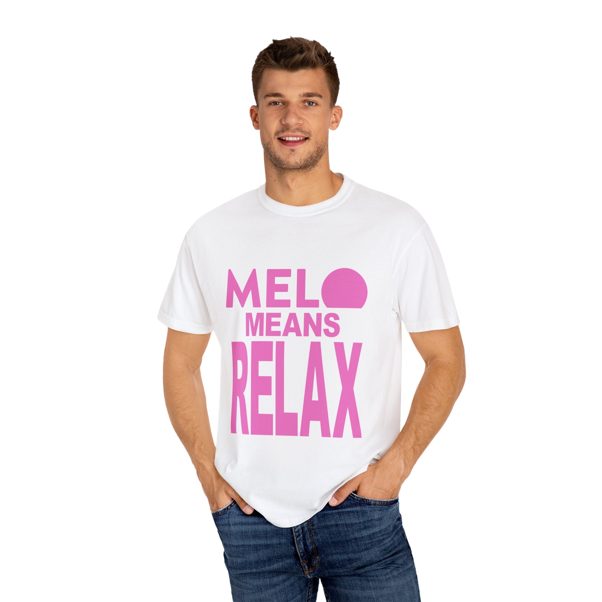 Vanuatu Relief Tee - Melo Means Relax - Pink Text - Melo