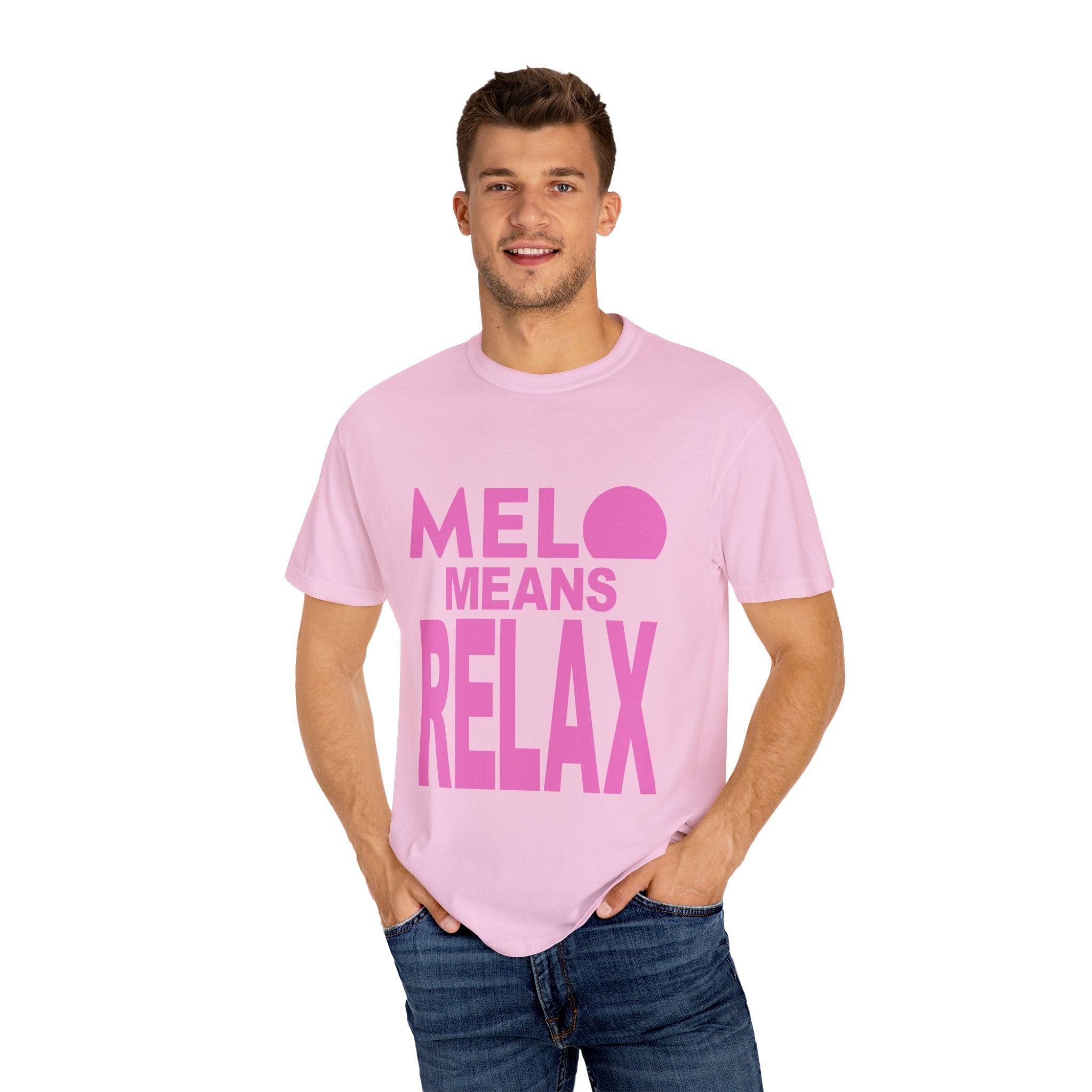 Vanuatu Relief Tee - Melo Means Relax - Pink Text - Melo